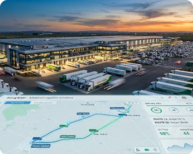 Aerial view of a distribution center with delivery trucks